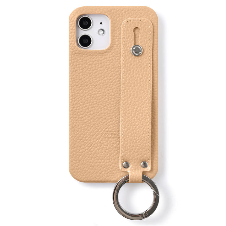 Vegan leather with embossed texture, hand strap attached, back case