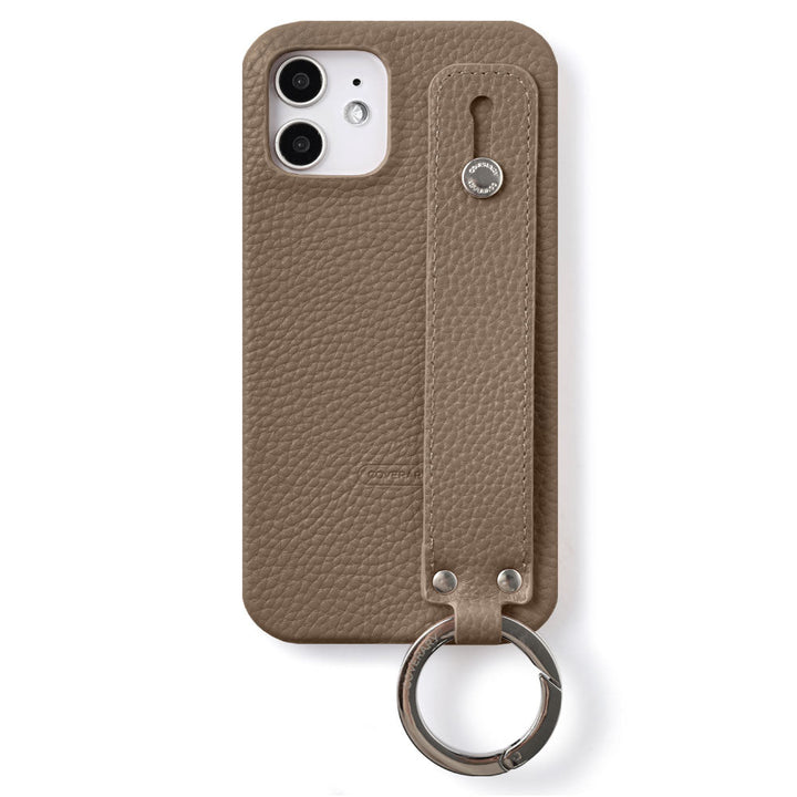 Vegan leather with embossed texture, hand strap attached, back case