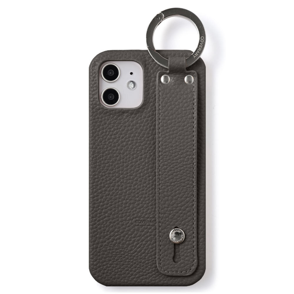 Vegan leather with embossed texture, hand strap attached, back case