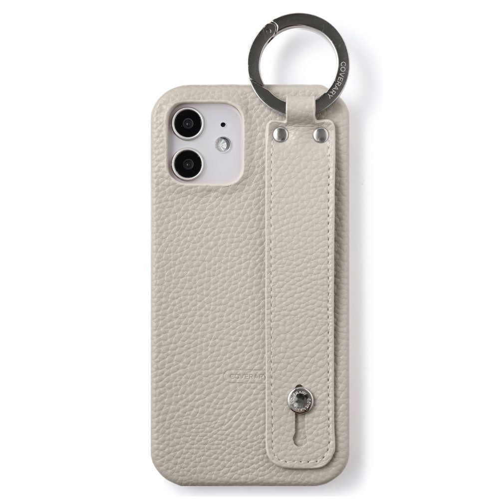 Vegan leather with embossed texture, hand strap attached, back case