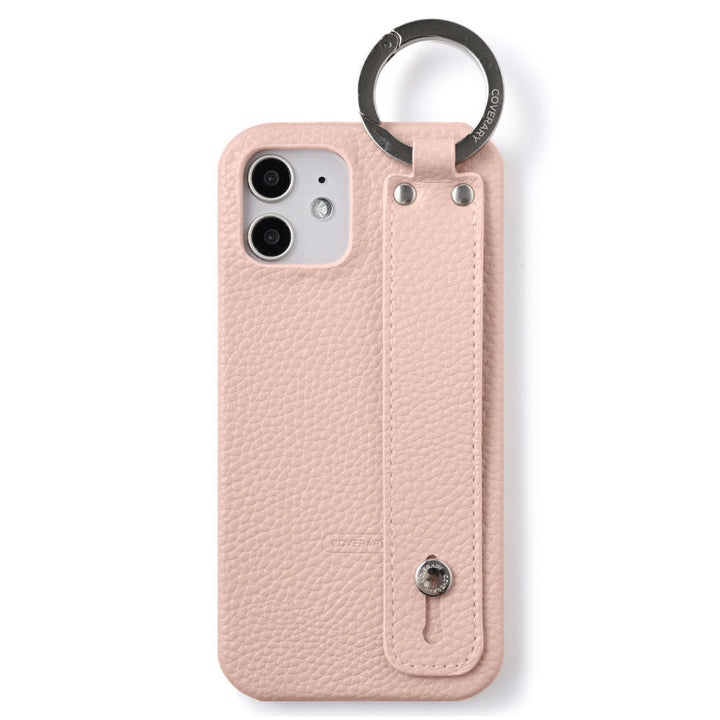 Vegan leather with embossed texture, hand strap attached, back case