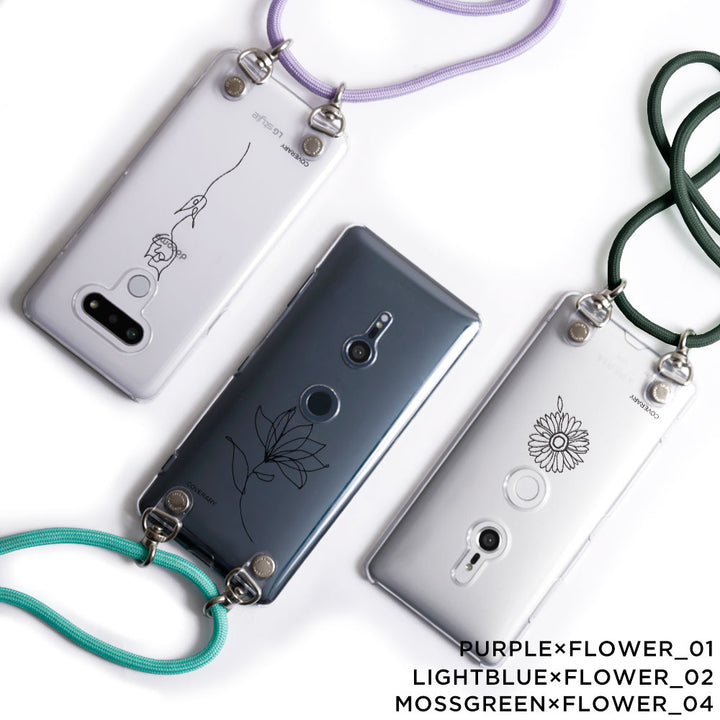 Coque transparente avec bandoulière, dessin au trait, fleur, coque arrière