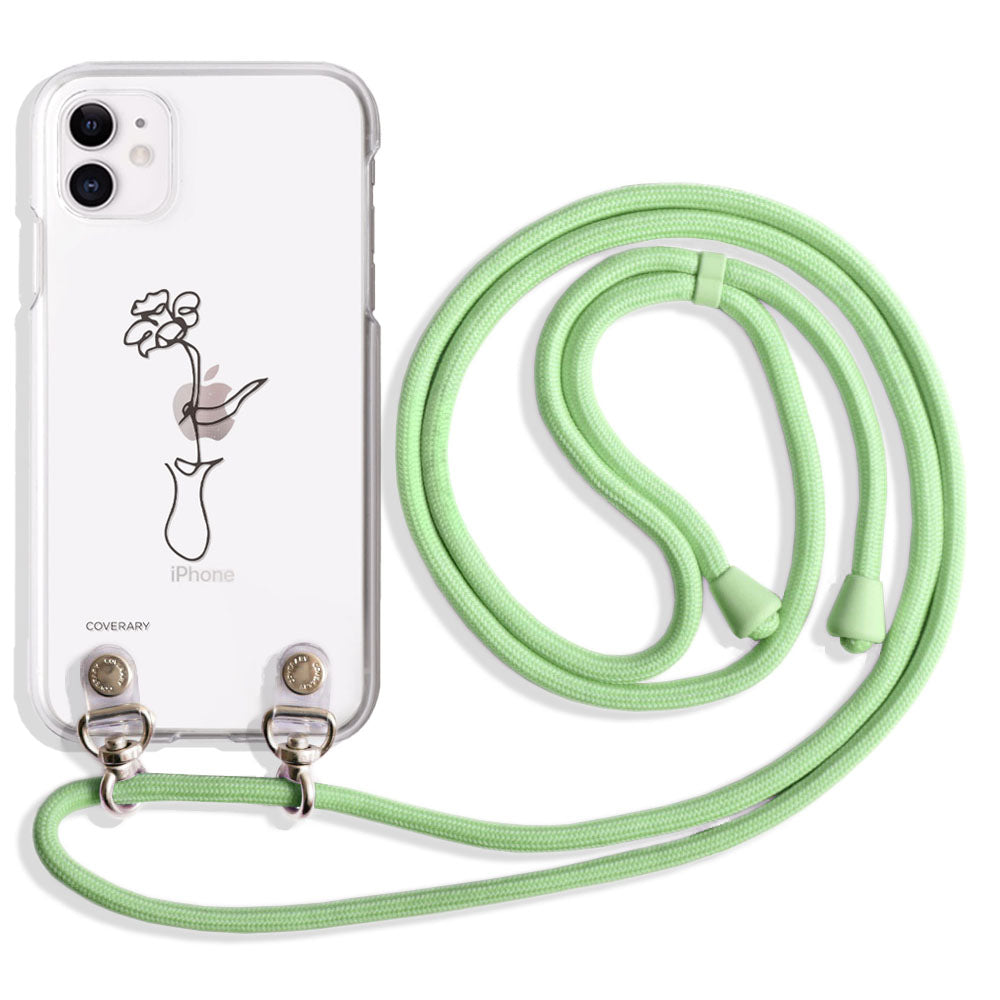 Coque transparente avec bandoulière, dessin au trait, fleur, coque arrière