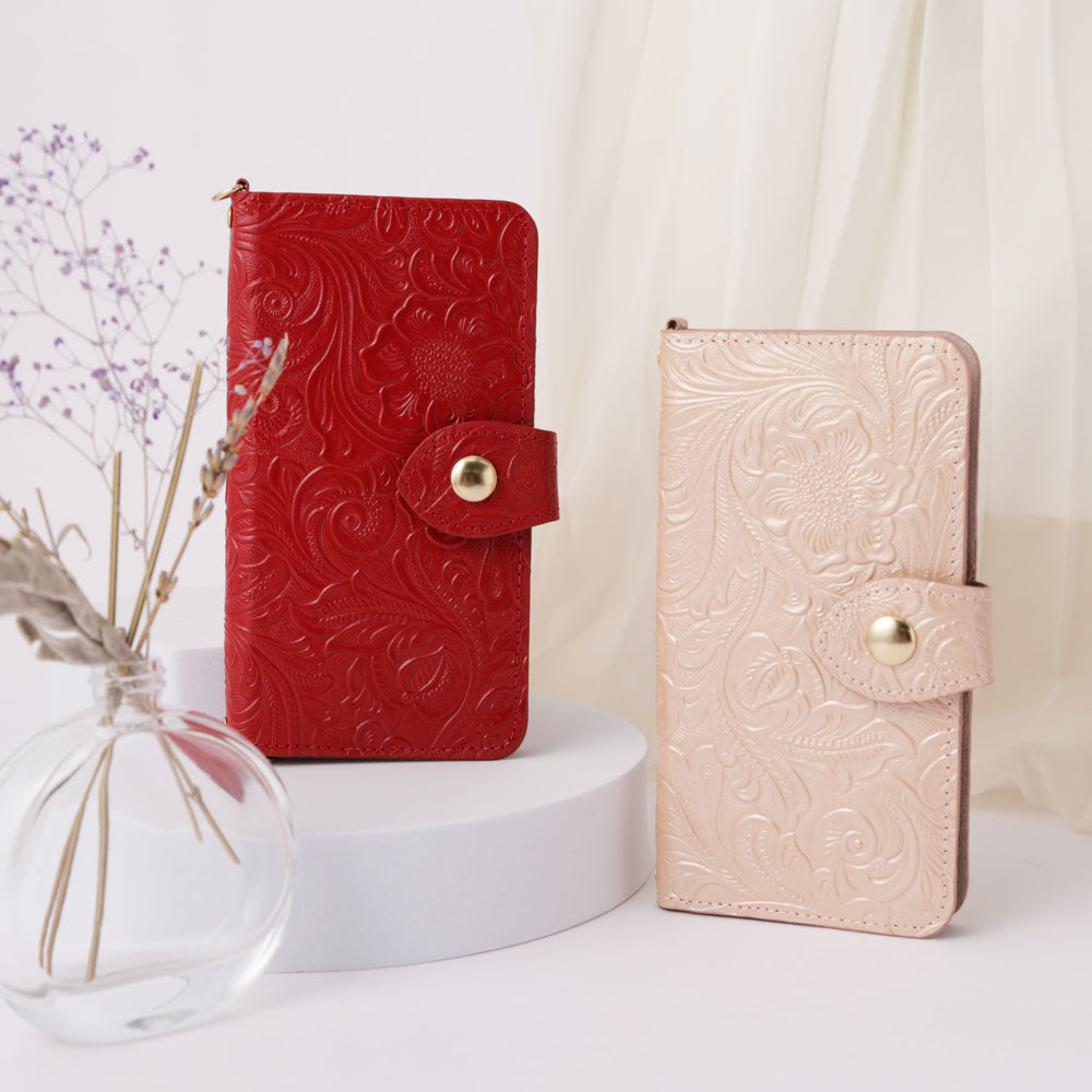Embossed leather genuine leather antique flower notebook-style case AQUOS series (with belt)