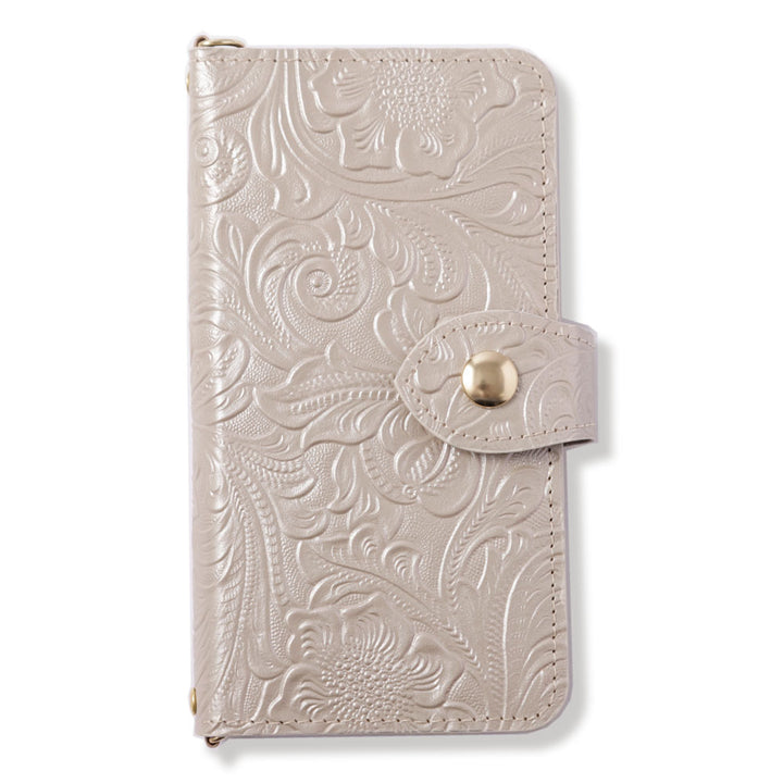 Embossed Leather Genuine Leather Antique Flower Notebook-style Case (with Belt)