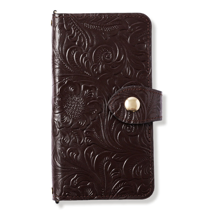 Embossed Leather Genuine Leather Antique Flower Notebook-style Case (with Belt)