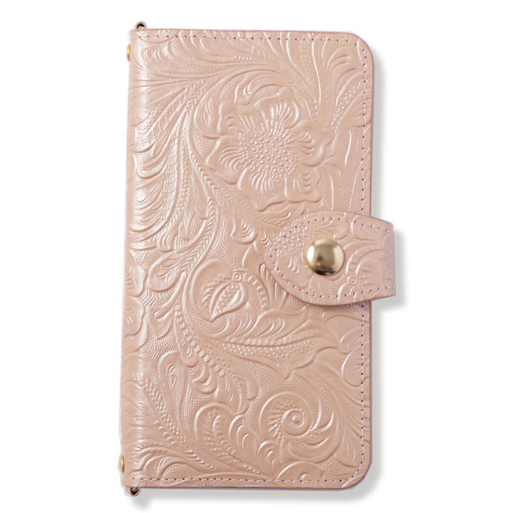 Embossed Leather Genuine Leather Antique Flower Notebook-style Case (with Belt)