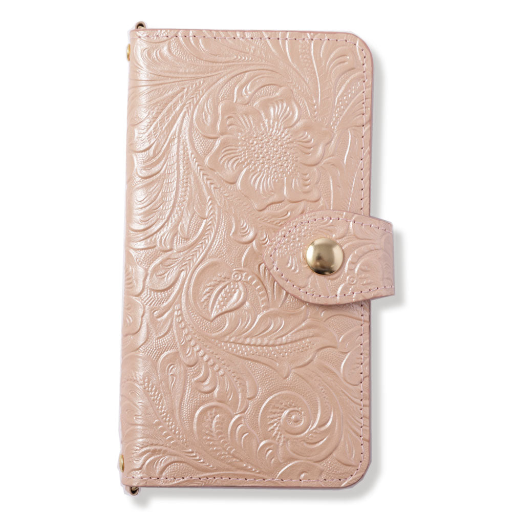 Étui portefeuille en cuir embossé véritable cuir motif fleur antique pour la série Galaxy (avec ceinture)