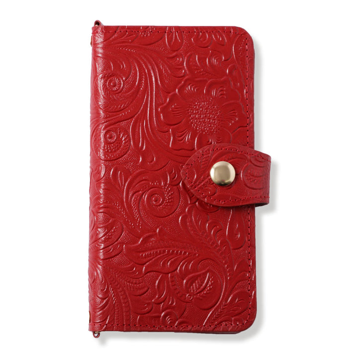 Embossed Leather Genuine Leather Antique Flower Notebook-style Case (with Belt)