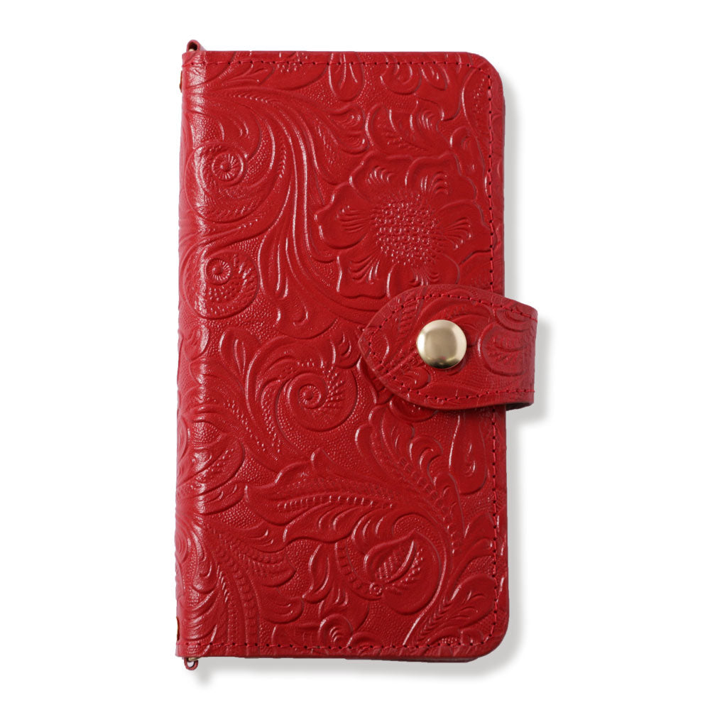 Embossed leather genuine leather antique flower notebook-style case AQUOS series (with belt)