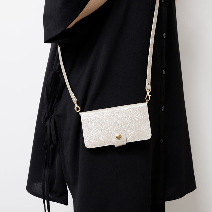 本革 エンボスレザー アンティークフラワー ショルダーストラップ