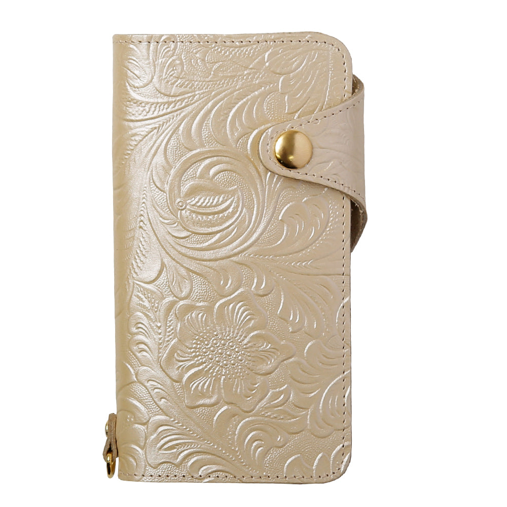 Étui portefeuille en cuir embossé véritable avec motif floral (avec ceinture)