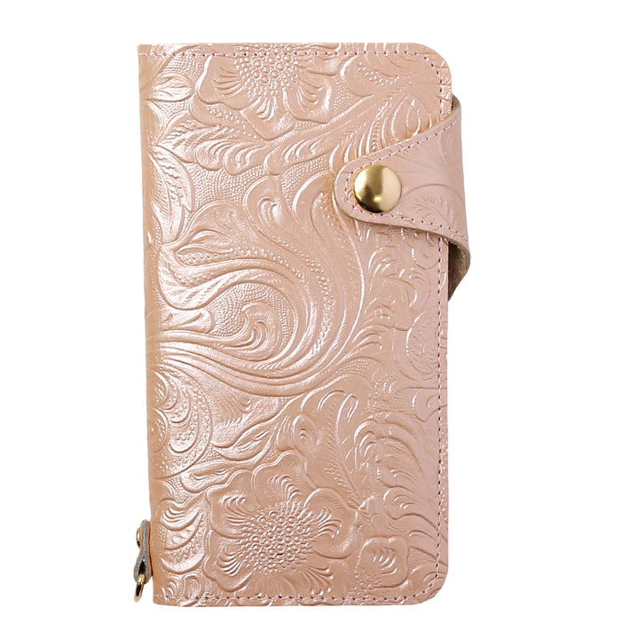 Étui portefeuille en cuir embossé véritable avec motif floral (avec ceinture)