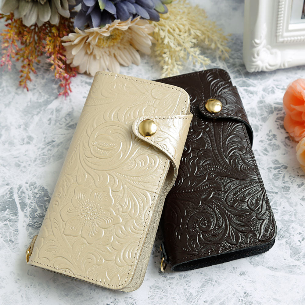 Embossed leather genuine leather floral pattern notebook-style case (with belt) Galaxy series