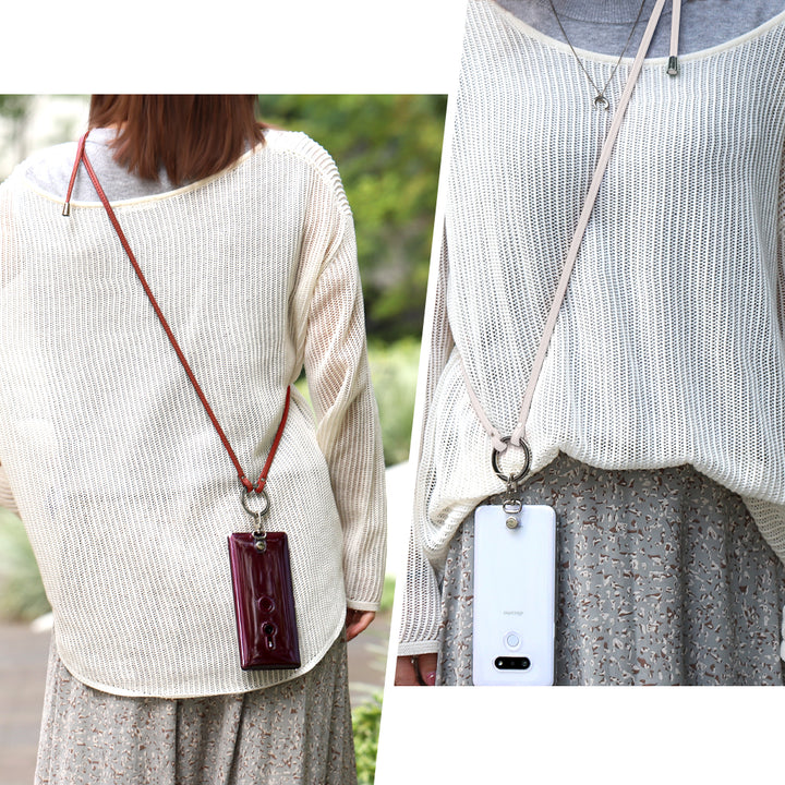 Étui transparent en cuir véritable avec bandoulière à anneau (ajustement des ferrures possible) et étui arrière