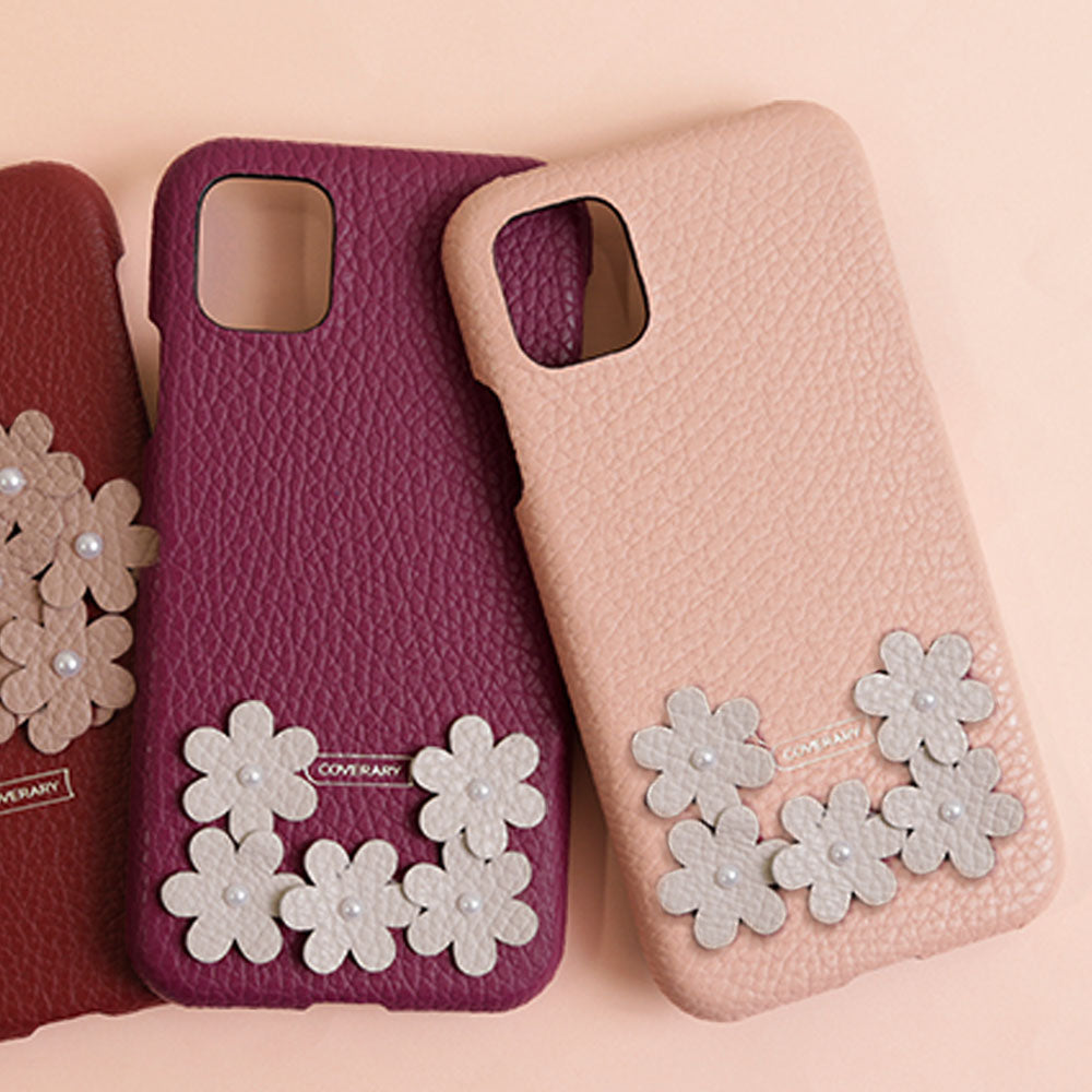 本革 32色 イタリアンシュリンクレザー フラワーデコ 背面ケース フラワーA