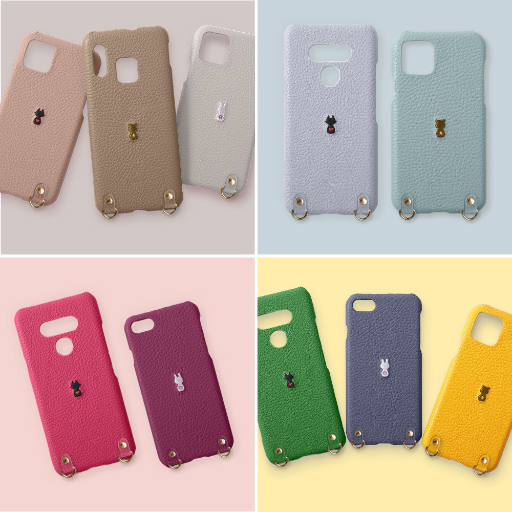 本革 イタリアンシュリンクレザー 刺繍 アニマル ショルダーストラップ付 背面ケース