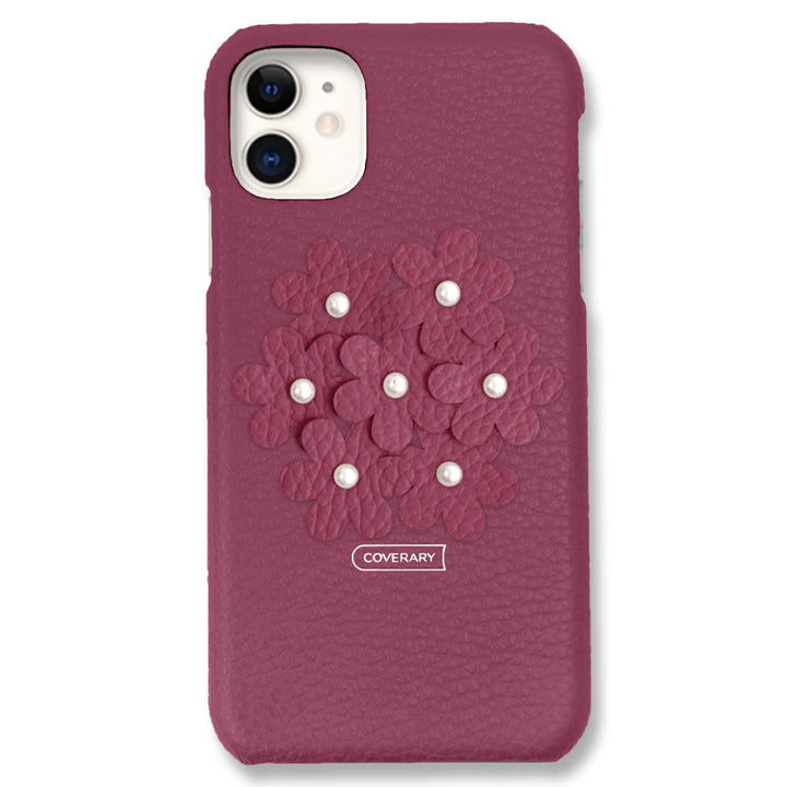 本革 32色 イタリアンシュリンクレザー あじさい フラワーデコ 背面ケース iPhoneシリーズ