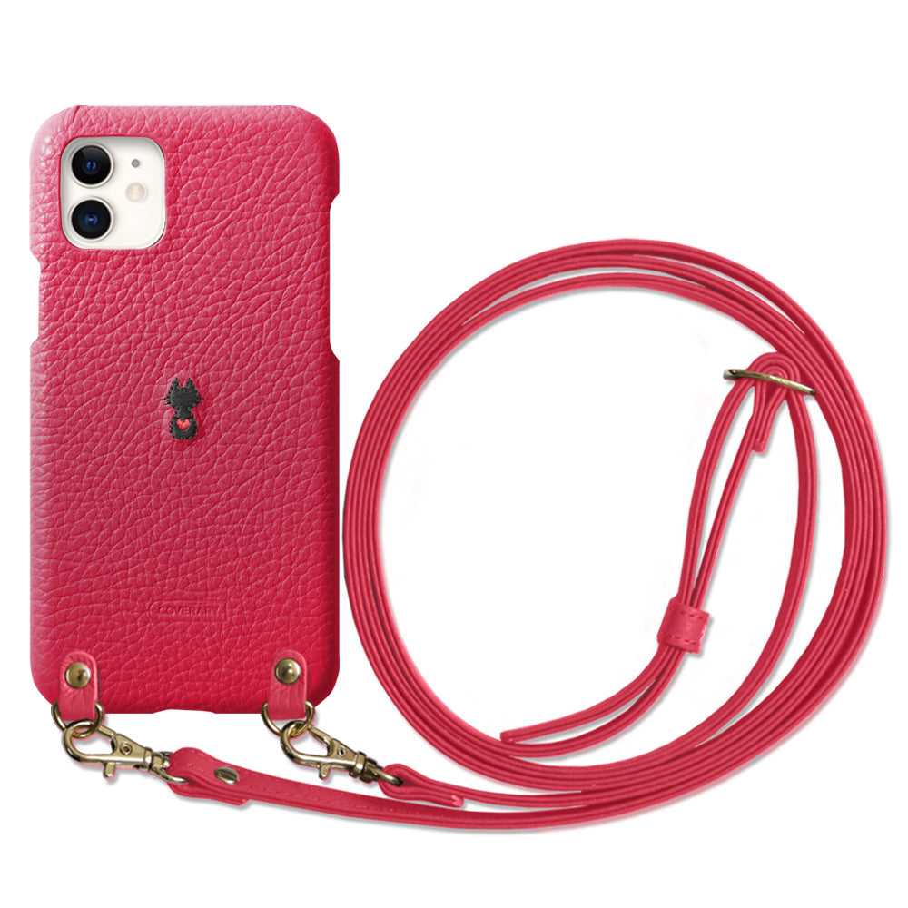 本革 イタリアンシュリンクレザー 刺繍 アニマル ショルダーストラップ付 背面ケース