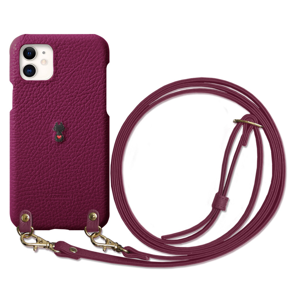 本革 イタリアンシュリンクレザー 刺繍 アニマル ショルダーストラップ付 背面ケース