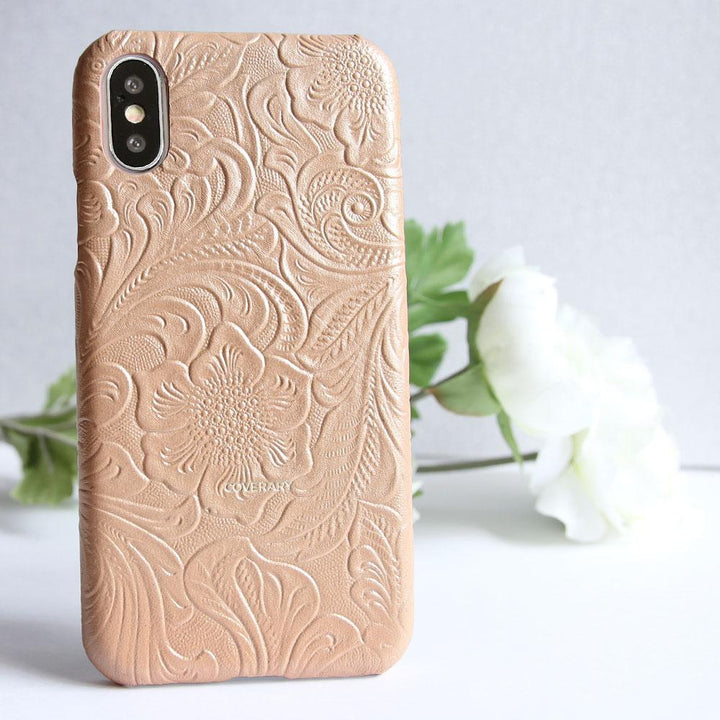 Embossed leather genuine leather floral pattern back case iPhone series