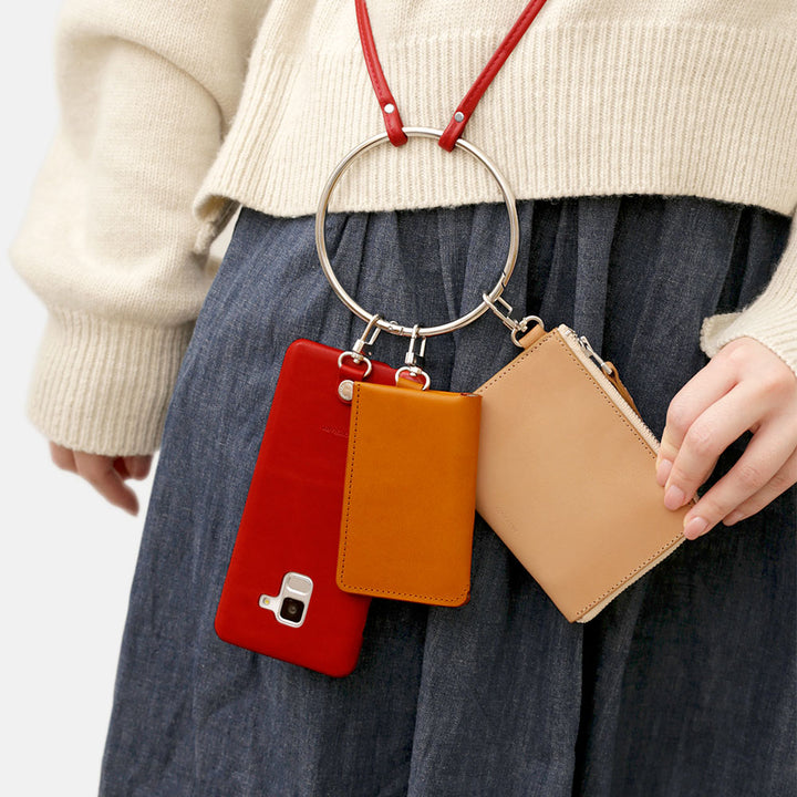 Genuine Leather Tochigi Leather 4-Piece Set B Mini Wallet Card Case with Shoulder Strap (with Metal Fittings) Back Case