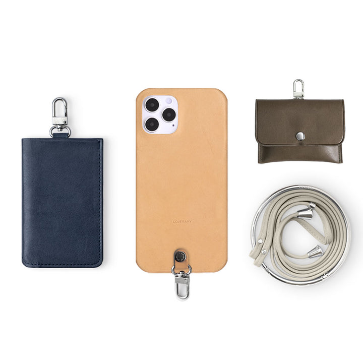 Genuine Leather Tochigi Leather 4-Piece Set A Earphone Case Card Case with Shoulder Strap Back Case