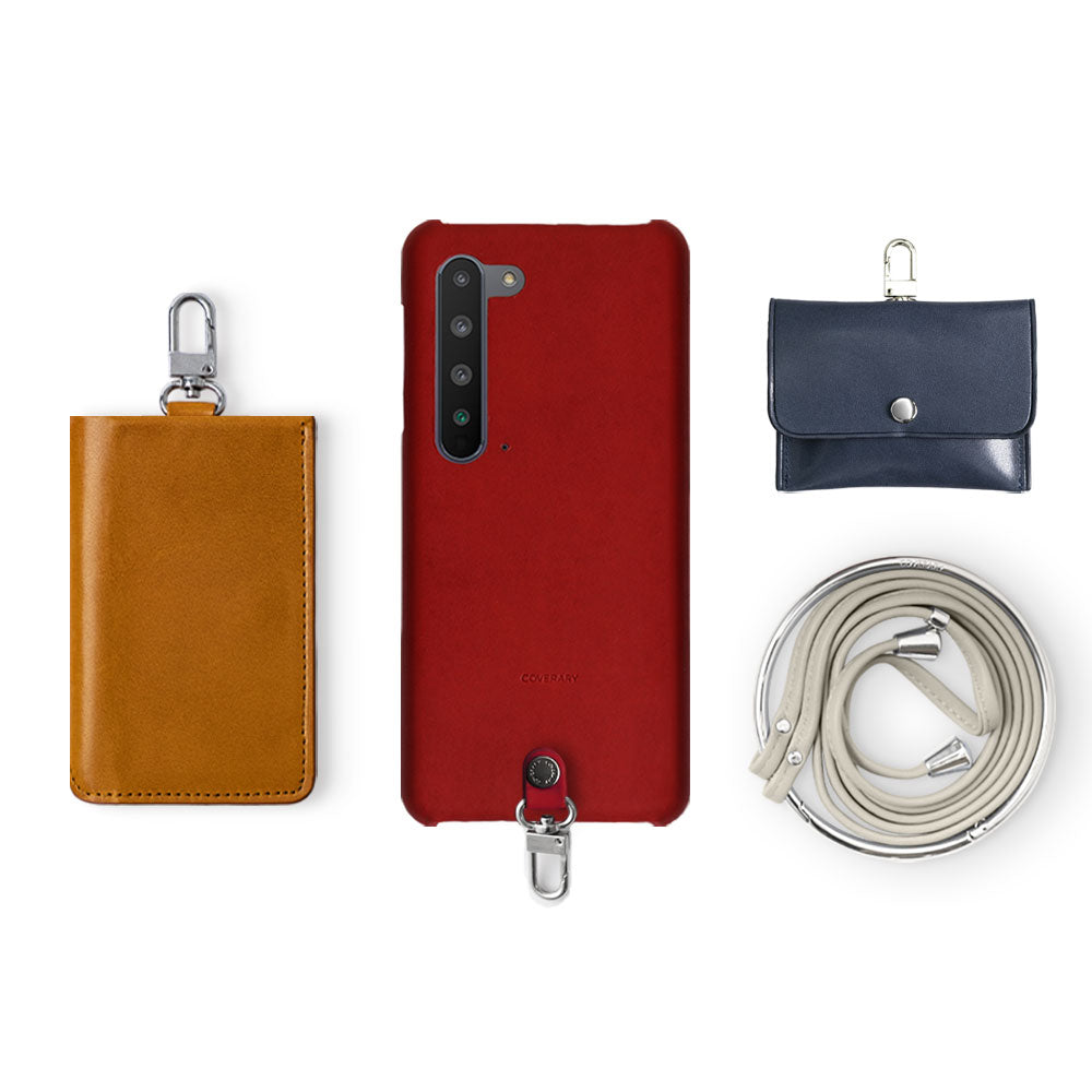 Genuine Leather Tochigi Leather 4-Piece Set A Earphone Case Card Case with Shoulder Strap Back Case