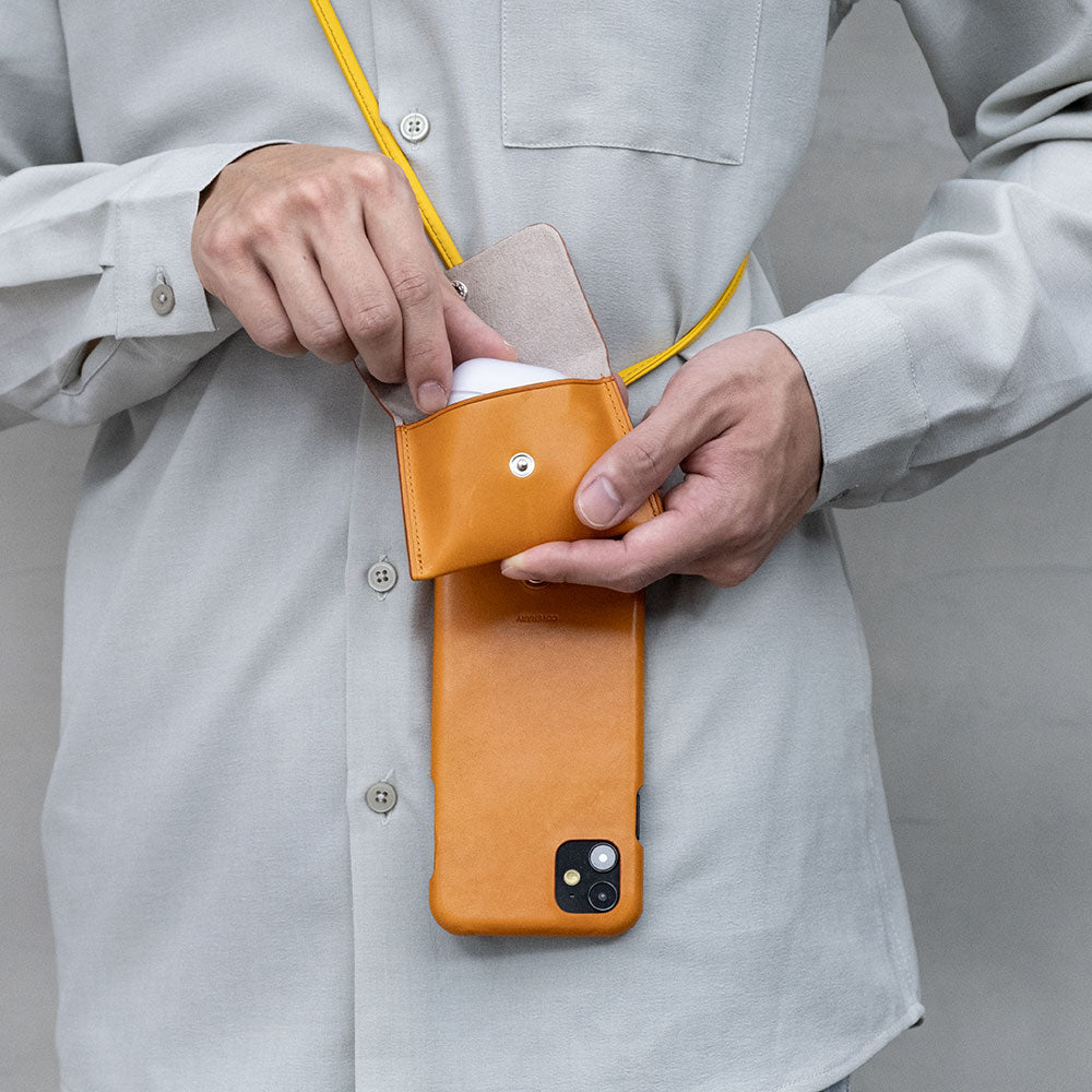 Ensemble de 3 pièces en cuir véritable Tochigi, étui pour écouteurs et bandoulière avec anneau, étui arrière