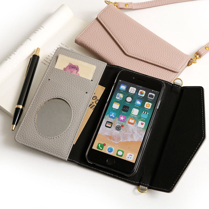 Étui portefeuille à rabat triple en cuir végan couleur poussiéreuse avec sangle pour la série AQUOS