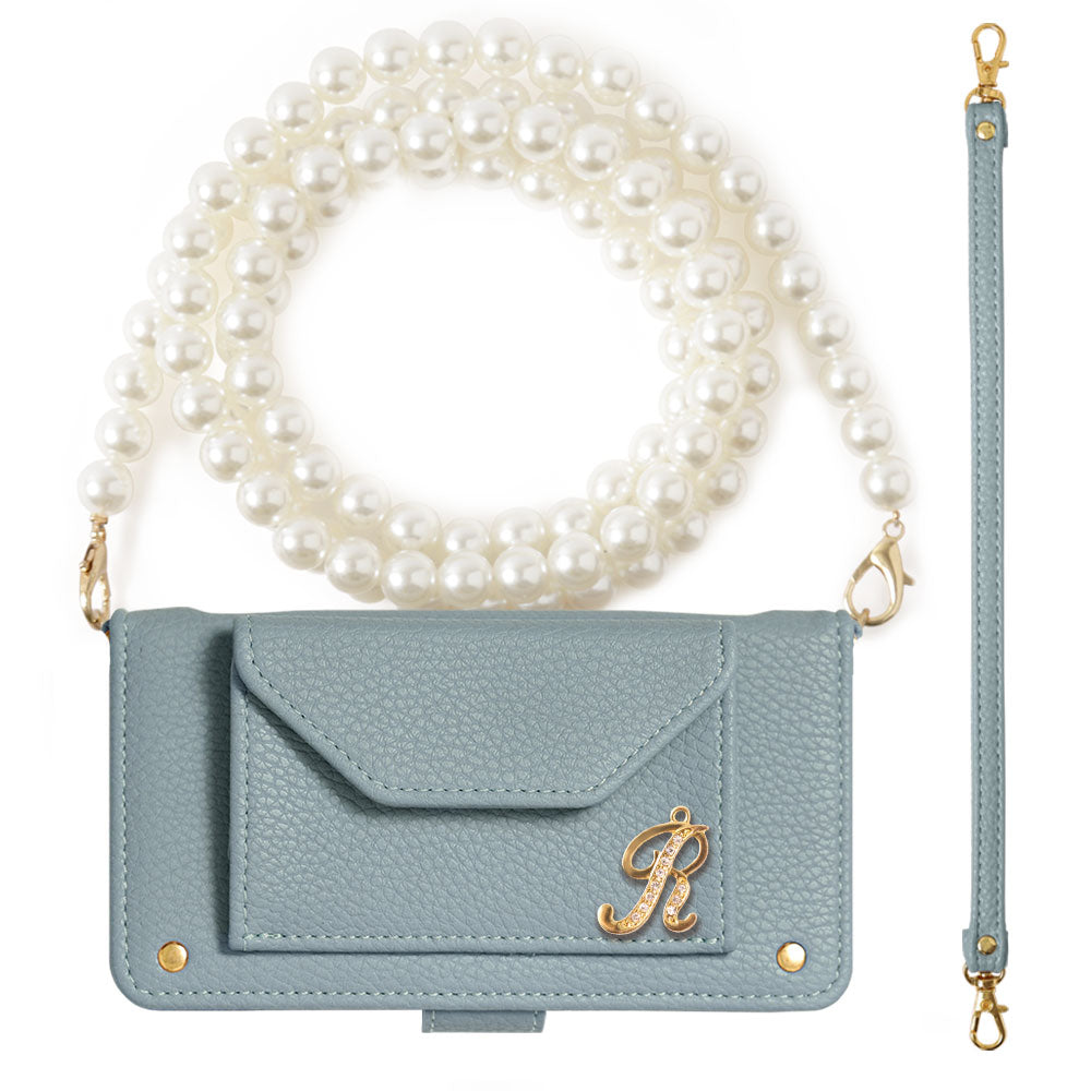 Étui portefeuille à décor initial en cuir végan couleur fumée avec perle, bandoulière et sangle (avec ceinture) pour la série AQUOS