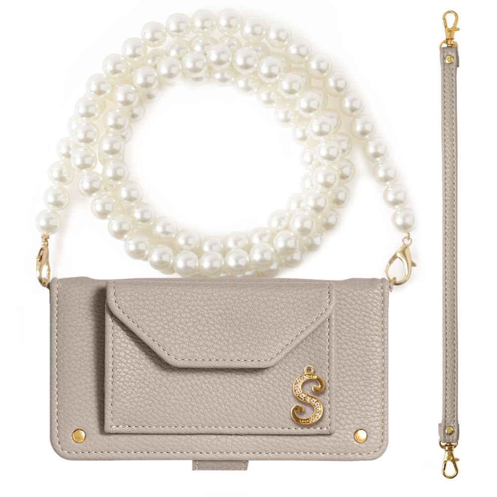 Vegan leather smoky color pearl shoulder & strap with initial decoration notebook-style case (with belt) Xperia series