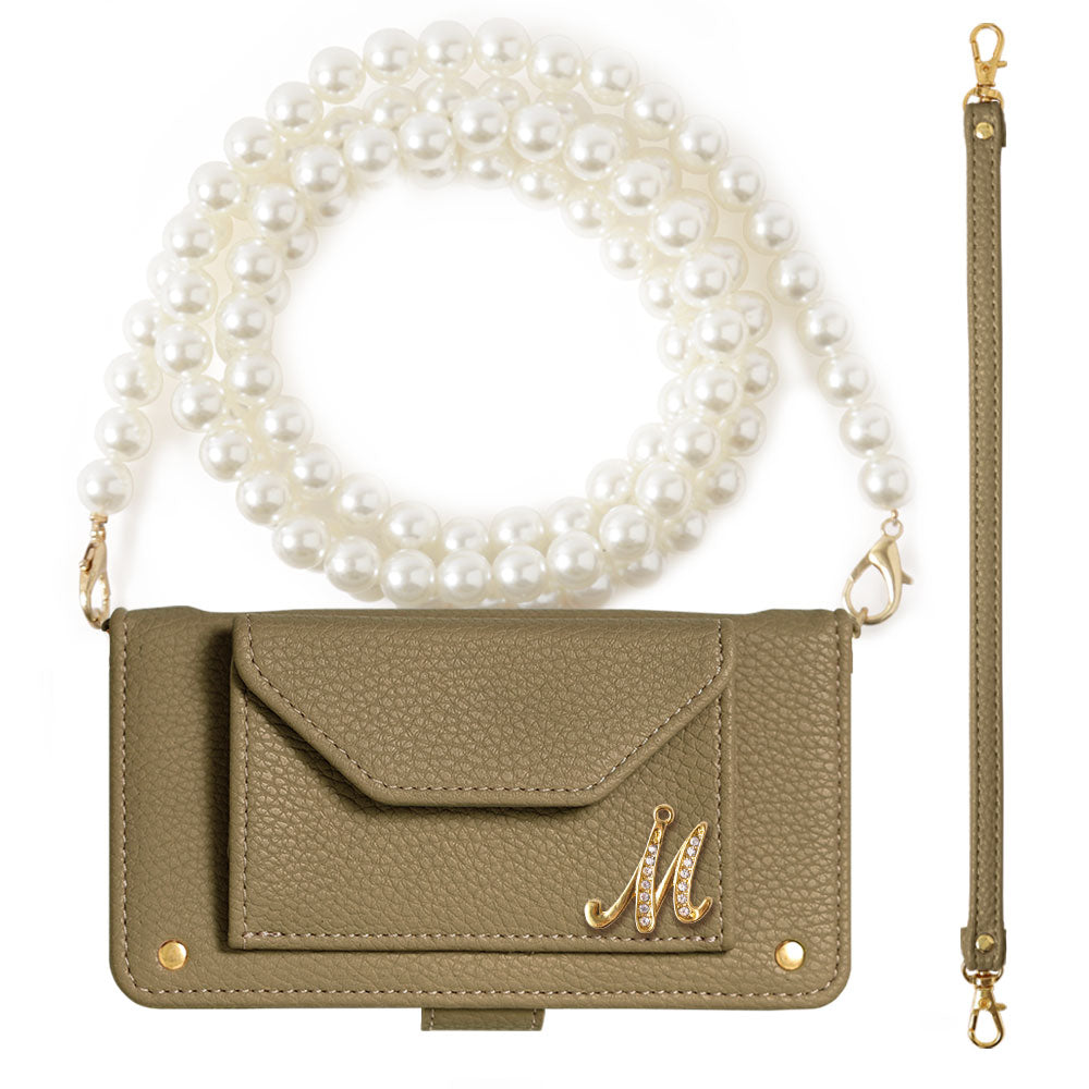 Vegan leather smoky color pearl shoulder & strap with initial decoration notebook-style case (with belt) Xperia series