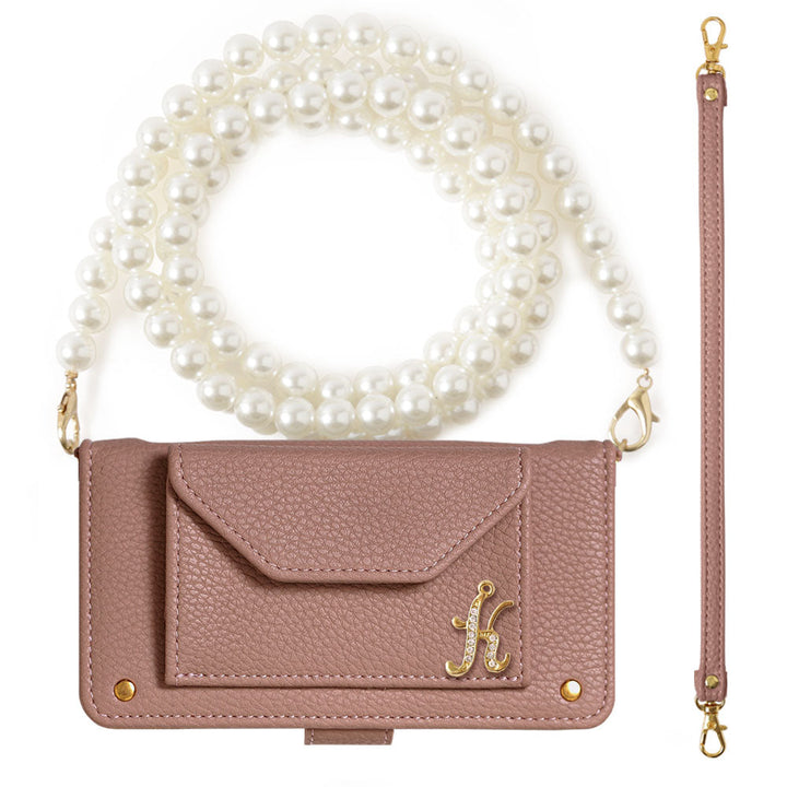 Étui portefeuille à décor initial en cuir végan couleur fumée avec perle, bandoulière et sangle (avec ceinture) pour la série AQUOS