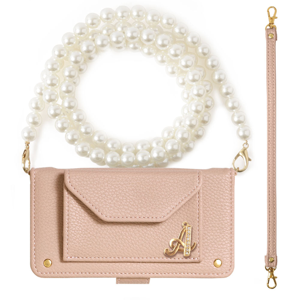 Vegan leather smoky color pearl shoulder & strap with initial decoration notebook-style case (with belt) Xperia series