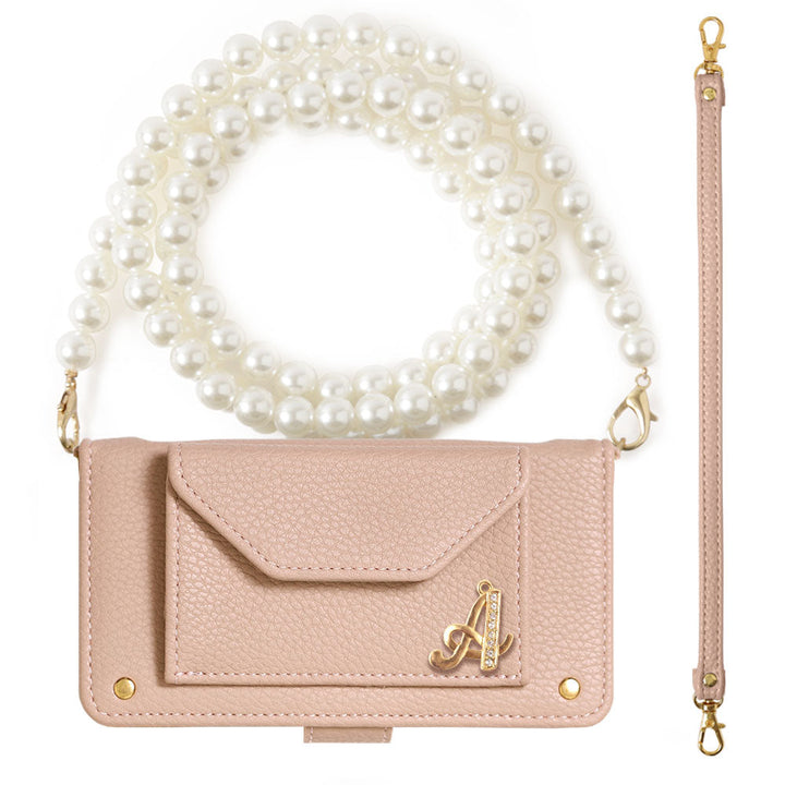 Étui portefeuille à décor initial en cuir végan couleur fumée avec perle, bandoulière et sangle (avec ceinture) pour la série AQUOS
