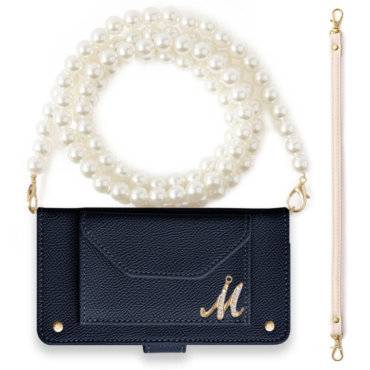 ヴィーガンレザー ベーシックカラー パールショルダー&ストラップ付き イニシャルデコ 手帳型ケース（ベルトあり） Galaxyシリーズ