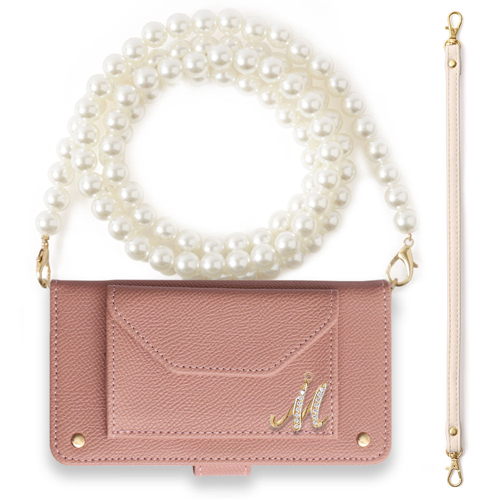 ヴィーガンレザー ベーシックカラー パールショルダー&ストラップ付き イニシャルデコ 手帳型ケース（ベルトあり） Xperiaシリーズ