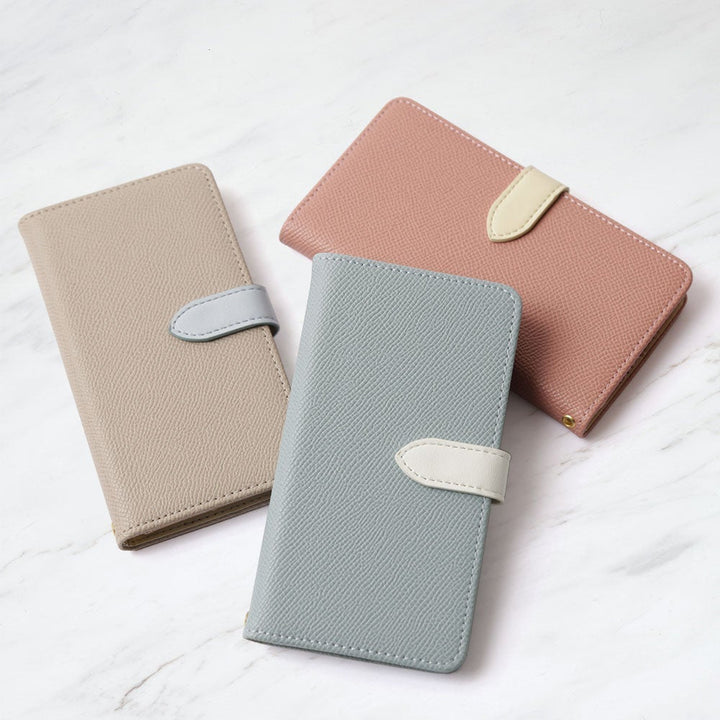 Étui portefeuille à fonction support avec ceinture bicolore en cuir végan (avec ceinture) pour la série iPhone