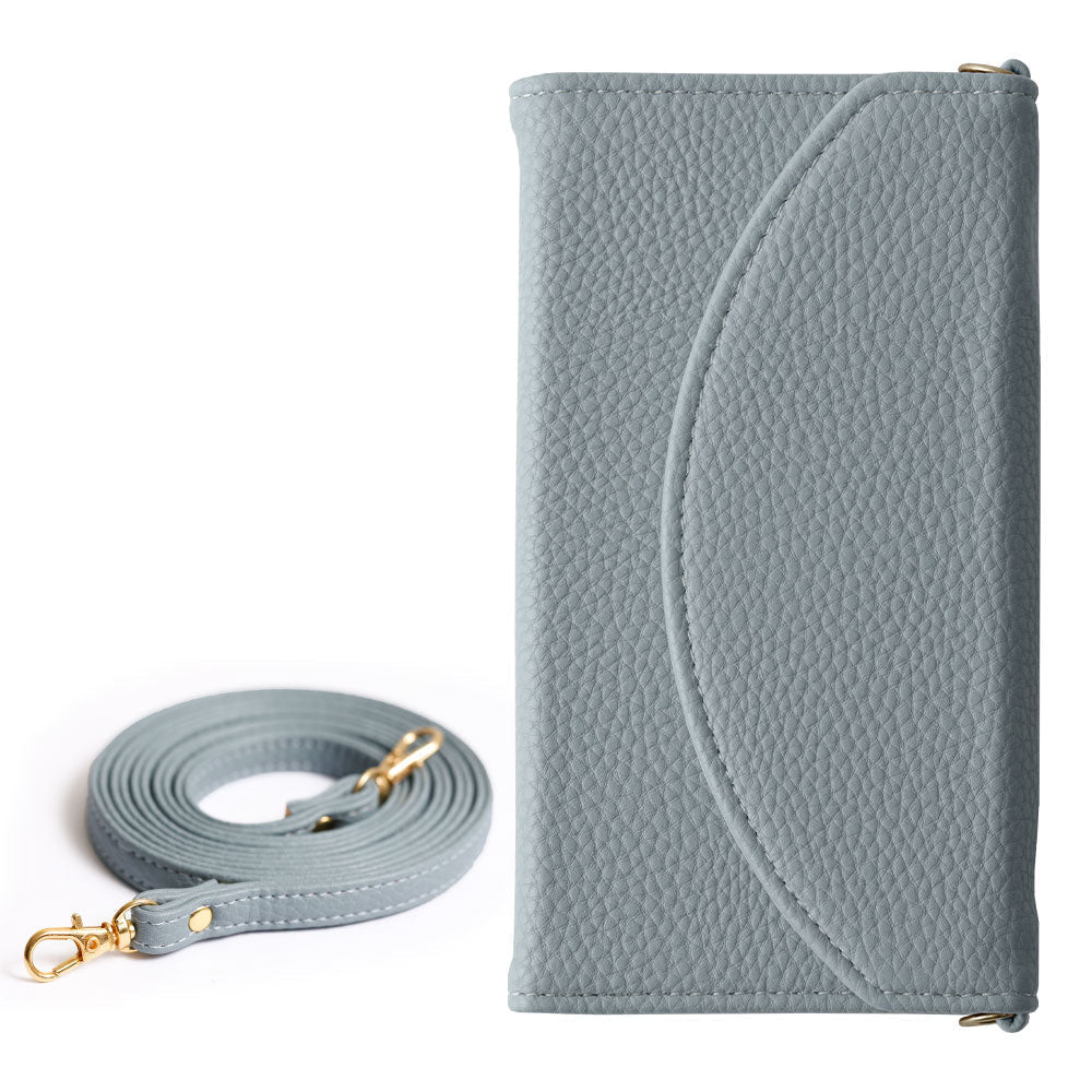 Vegan leather tri-fold smoky color strap-attached notebook-style case for iPhone series